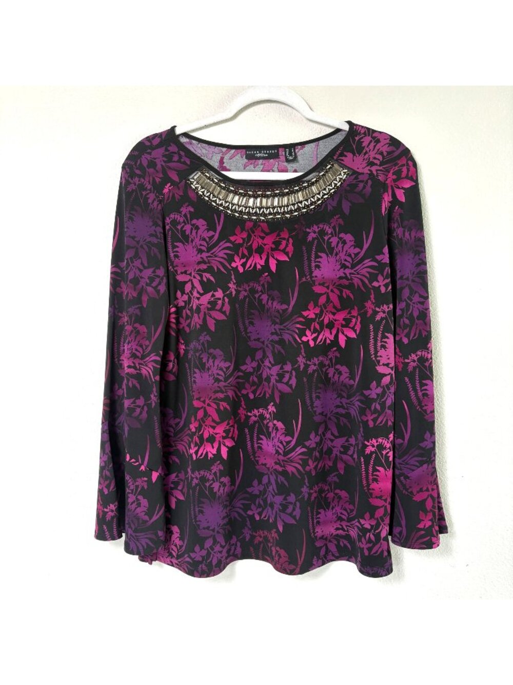 Susan Graver Artisan Liquid Knit Top Size S Purple Floral Bell Sleeve A344833